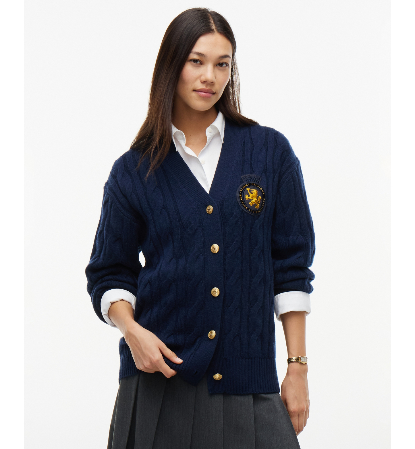 Tommy Hilfiger Women's American Icons Cable-Knit V-Neck Cardigan, Macy's Exclusive - Dark Blue