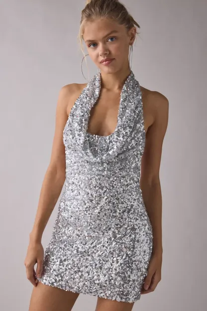 UO Coyote Sequin Halter Bodycon Mini Dress - Silver