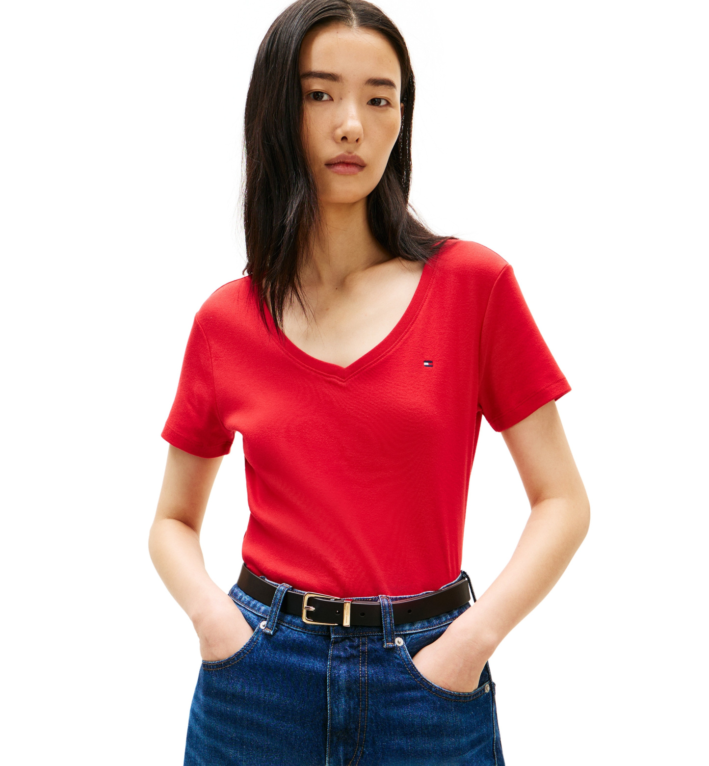 Tommy Hilfiger Women's Rib Slim V-Neck Short-Sleeve T-Shirt - Black