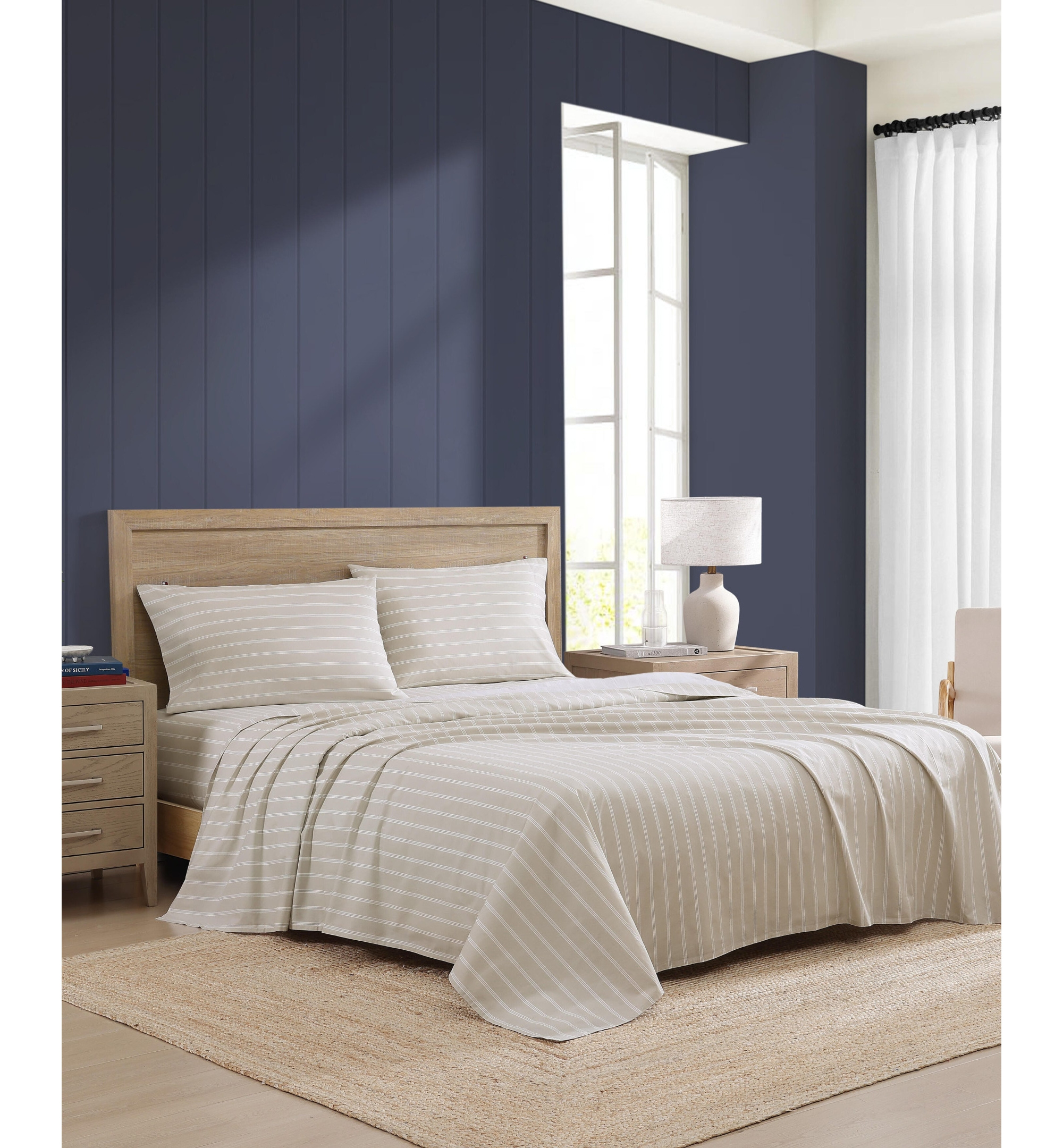 Tommy Hilfiger Printed 200-Thread Count Cotton Percale Sheet Set - Effortless Stripe Beige
