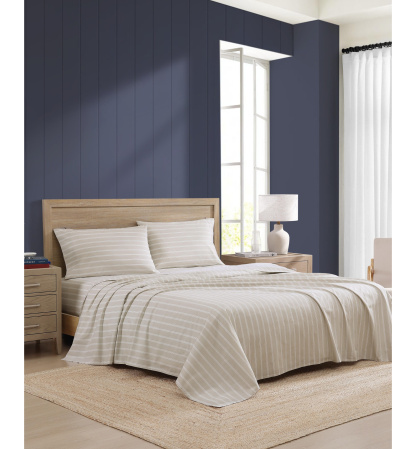 Tommy Hilfiger Printed 200-Thread Count Cotton Percale Sheet Set - Effortless Stripe Beige