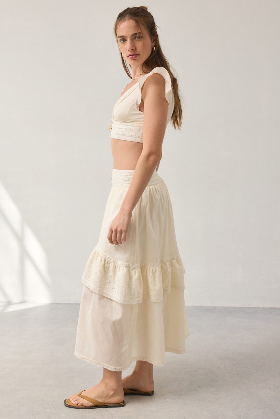 Kimchi Blue Seaside Splash Ruffle Lace Trim Midi Skirt 2-Piece Set - Ivory