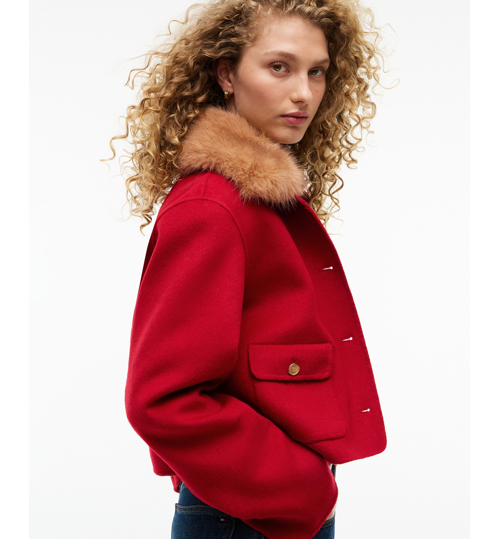 Tommy Hilfiger Women's Wool-Blend Cropped Jacket with Faux Fur - Red
