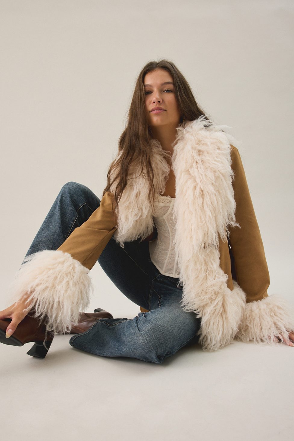 Azalea Wang Tori Faux Fur Trim Wrap Jacket - Tan