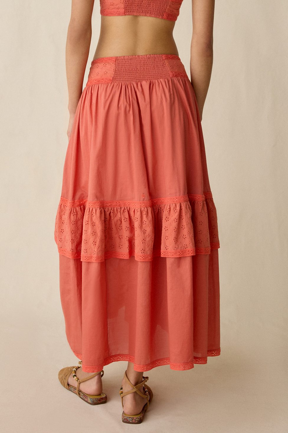 Kimchi Blue Seaside Splash Ruffle Lace Trim Midi Skirt 2-Piece Set - Red