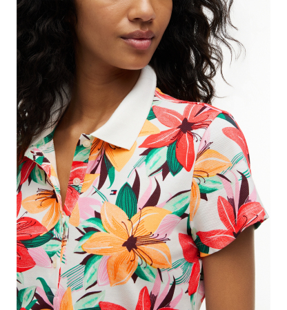 Tommy Hilfiger Women's Printed Short-Sleeve Polo Top - Hibiscus Garden Ecru