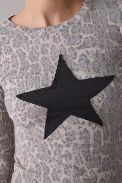 BDG Star Applique Graphic Leopard Print Long Sleeve Spill The Tee - Leopard Print