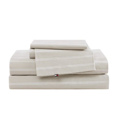 Tommy Hilfiger Printed 200-Thread Count Cotton Percale Sheet Set - Effortless Stripe Beige
