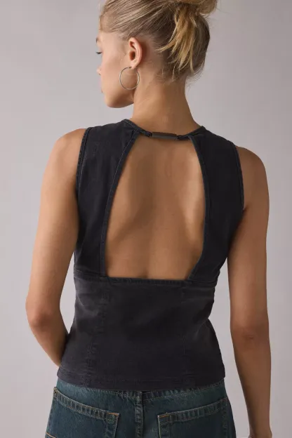 UO Nicola Plunging Keyhole Cutout Zip-Front Denim Vest Top - Black