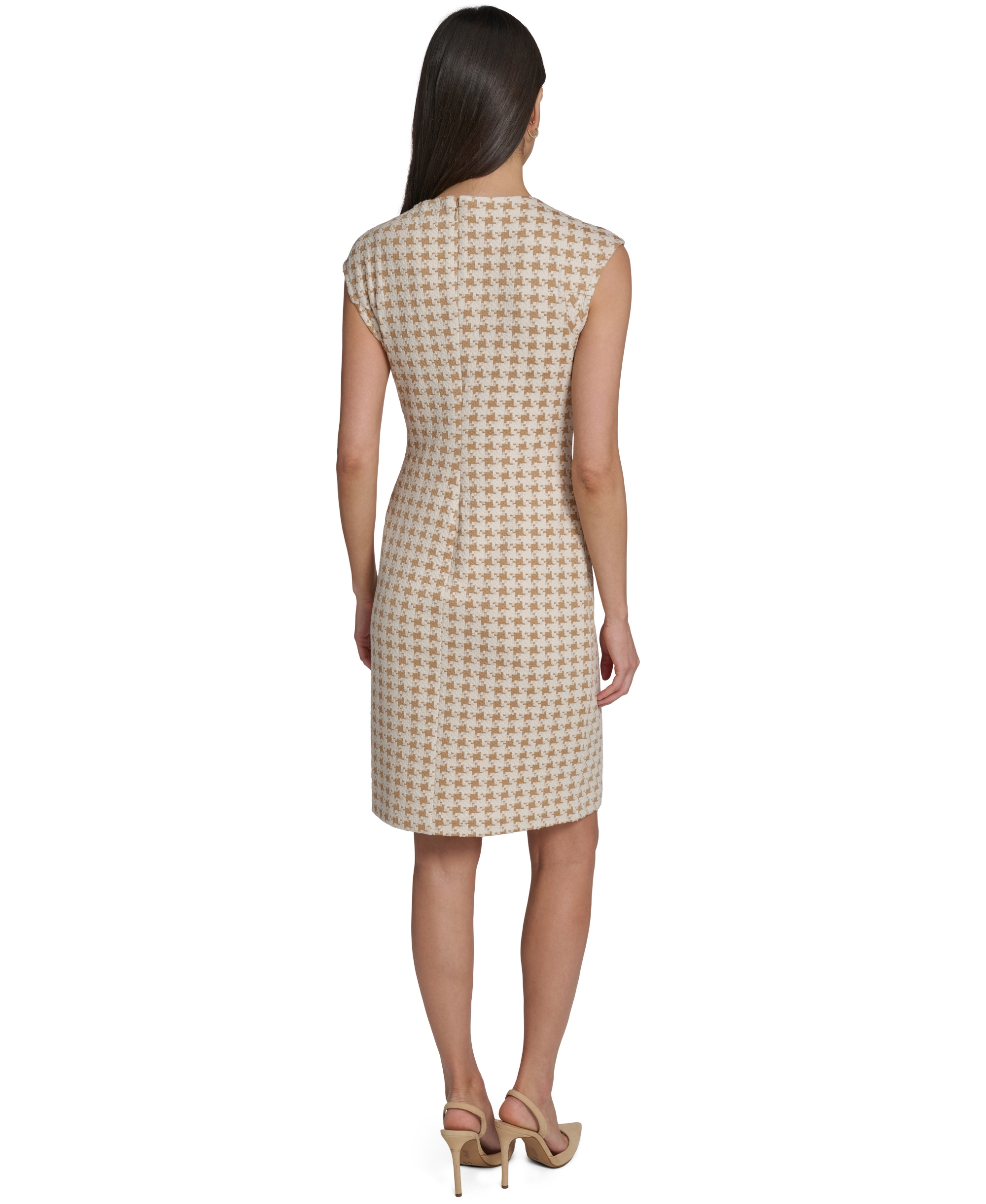 Tommy Hilfiger Women's Cap-Sleeve Pixelated Houndstooth Pocket Sheath Dress - Tannin/white cap