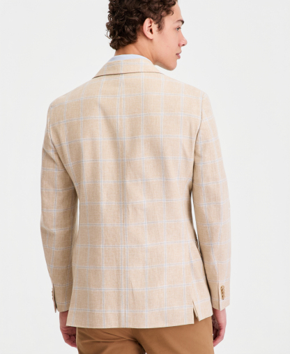 Tommy Hilfiger Men's Modern-Fit Linen-Blend Windowpane Sport Coat - Tan/blue