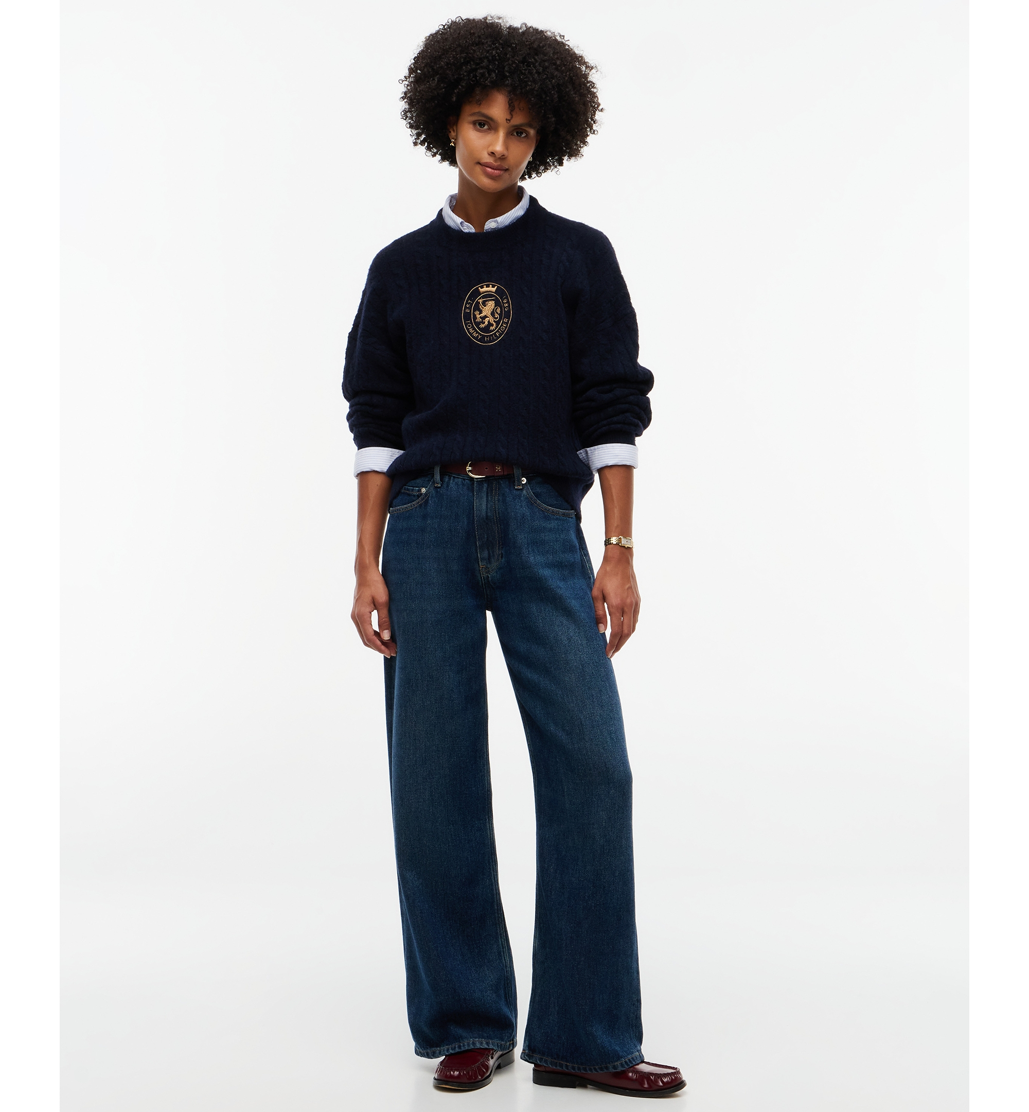 Tommy Hilfiger Women's Cable-Knit Crewneck Embroidered Crest Sweater - Dark Blue