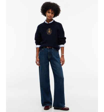 Tommy Hilfiger Women's Cable-Knit Crewneck Embroidered Crest Sweater - Dark Blue