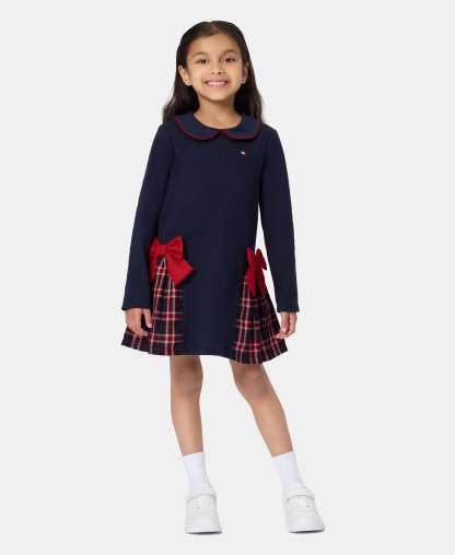 Tommy Hilfiger Girls' 4-6X Peter Pan Collar Plaid Detail Dress - Navy/Red