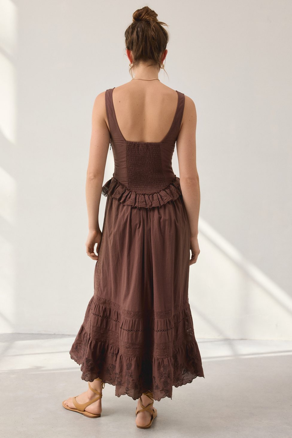 UO Perfectly Victorian Lace Trim Corset Midi Dress - Brown