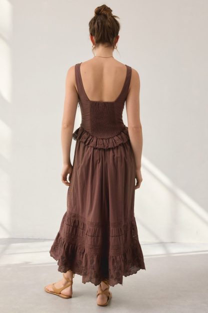 UO Perfectly Victorian Lace Trim Corset Midi Dress - Brown