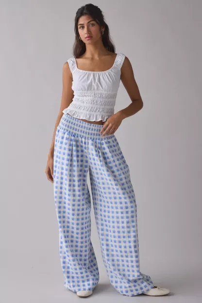 Kimchi Blue Caroline Smocked Wide Leg Linen-Blend Pants - Heart Gingham