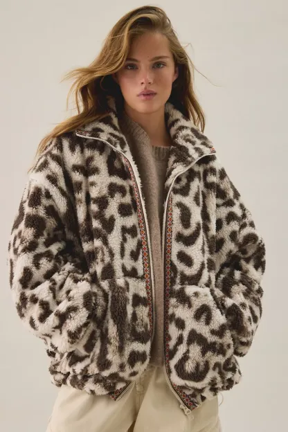 BDG Mae Printed Piled Fleece Zip-Up Jacket - Chocolate