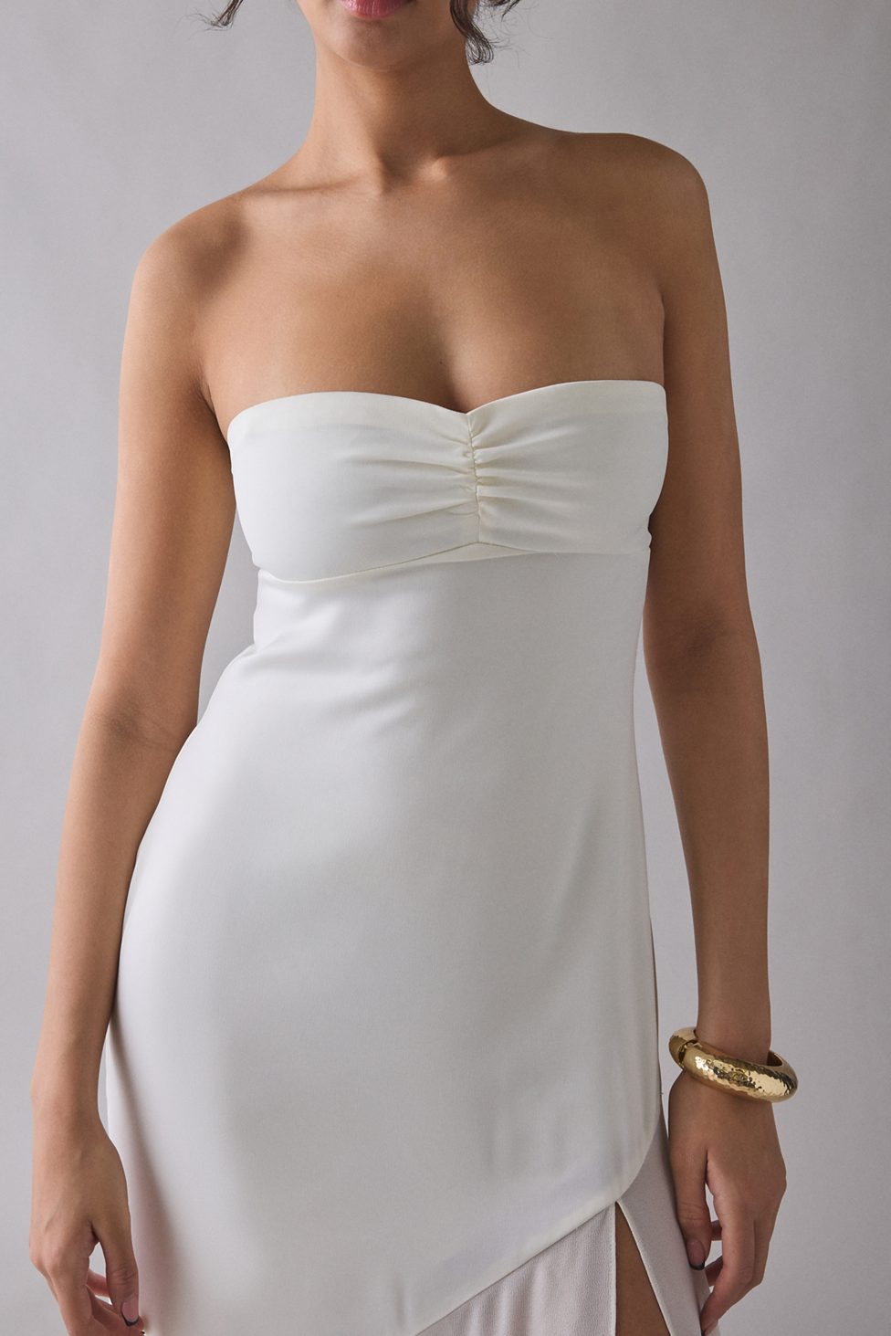 UO Sky High Sheer Illusion Asymmetric Maxi Dress - Ivory