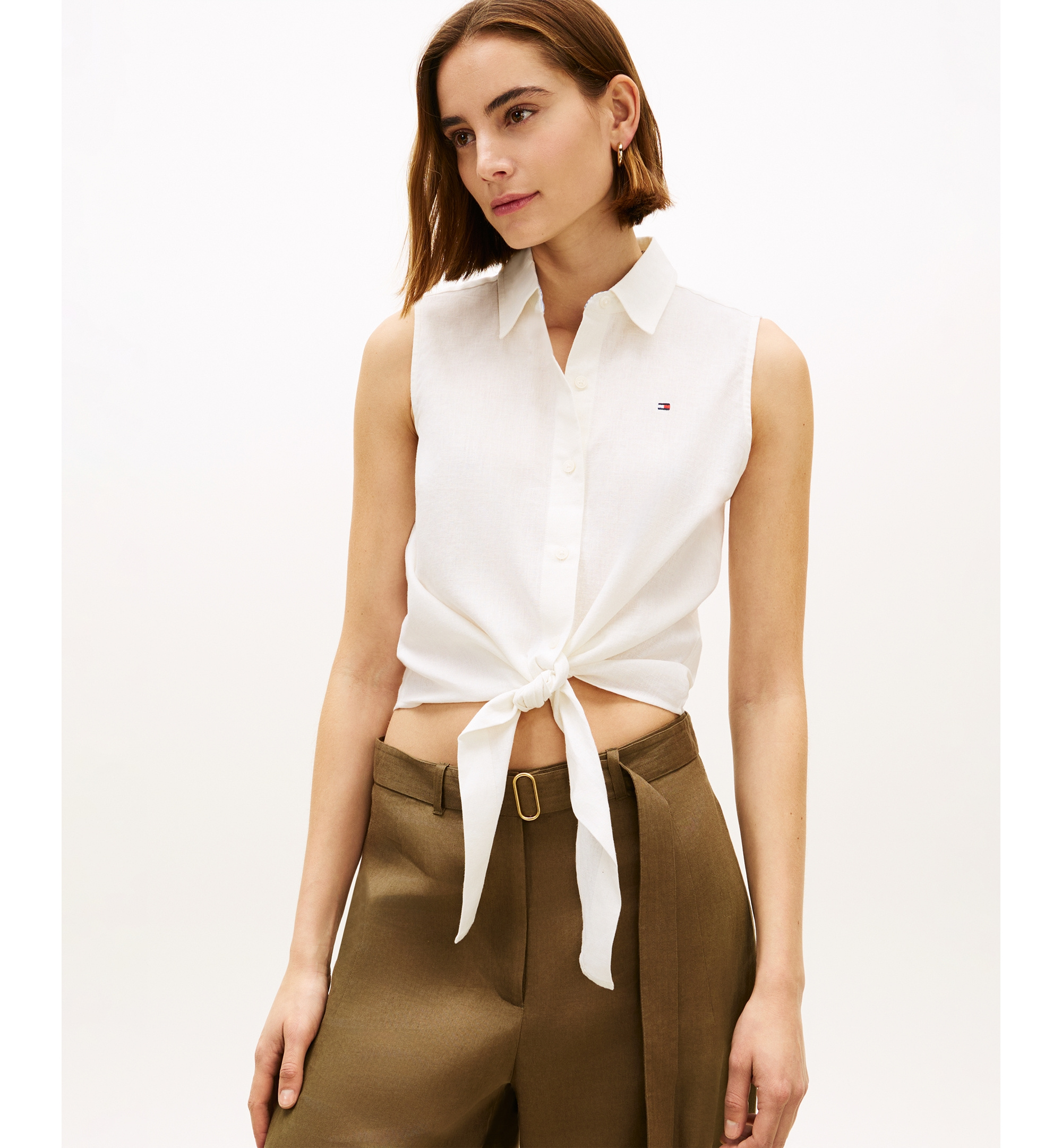 Tommy Hilfiger Women's Linen Knotted Collared Top - Ecru