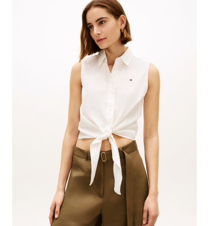 Tommy Hilfiger Women's Linen Knotted Collared Top - Ecru