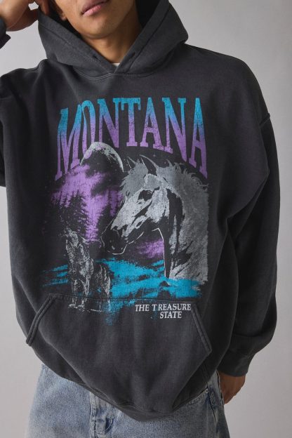 Montana Treasure State Graphic Hoodie Sweatshirt - Washed Black