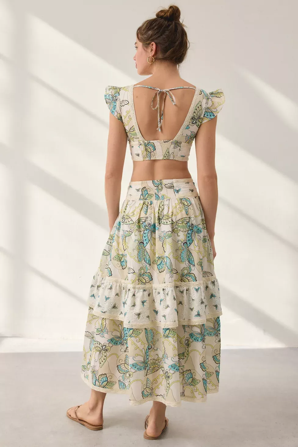 Kimchi Blue Seaside Splash Ruffle Lace Trim Midi Skirt 2-Piece Set - Ivory Combo