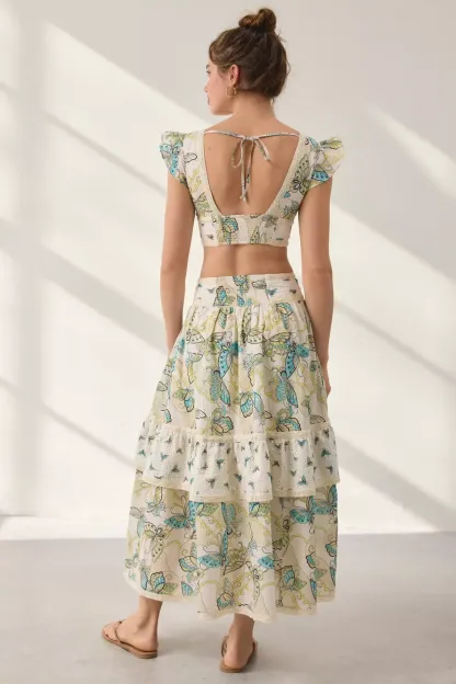 Kimchi Blue Seaside Splash Ruffle Lace Trim Midi Skirt 2-Piece Set - Ivory Combo