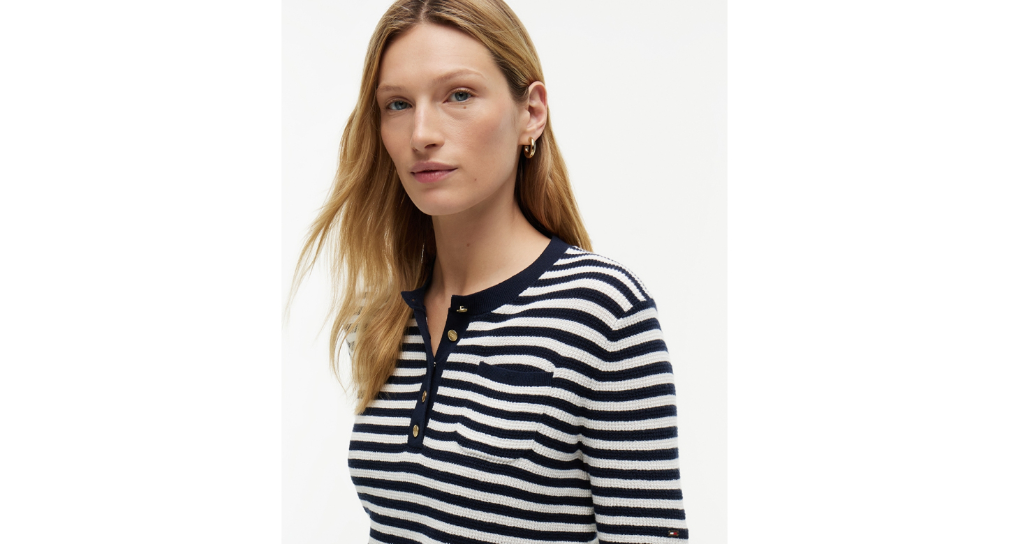 Tommy Hilfiger Women's Henley Neck Cotton Sweater - Ivory Petal / Navy
