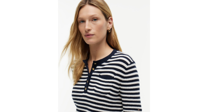Tommy Hilfiger Women's Henley Neck Cotton Sweater - Ivory Petal / Navy