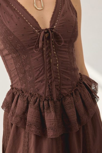 UO Perfectly Victorian Lace Trim Corset Midi Dress - Brown
