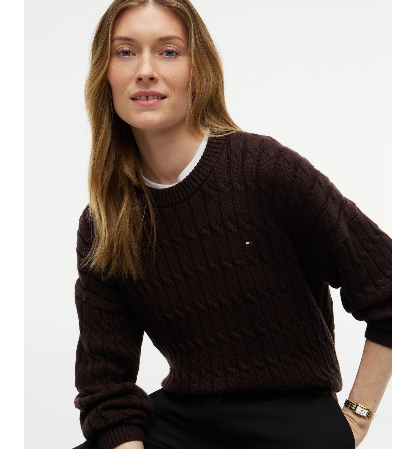 Tommy Hilfiger Women's Cable-Knit Crewneck Sweater - Chocolate