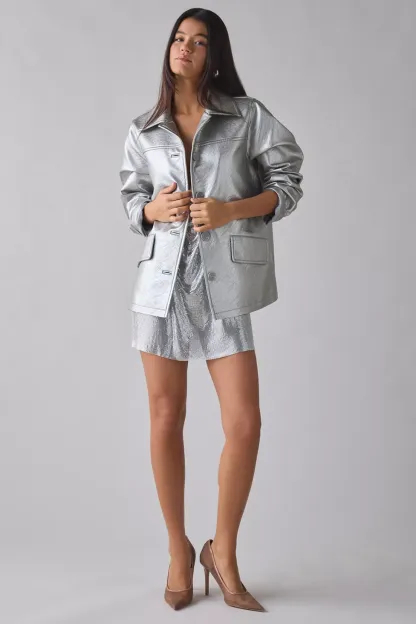UO Sydney Faux Leather Oversized Dad Jacket - Silver