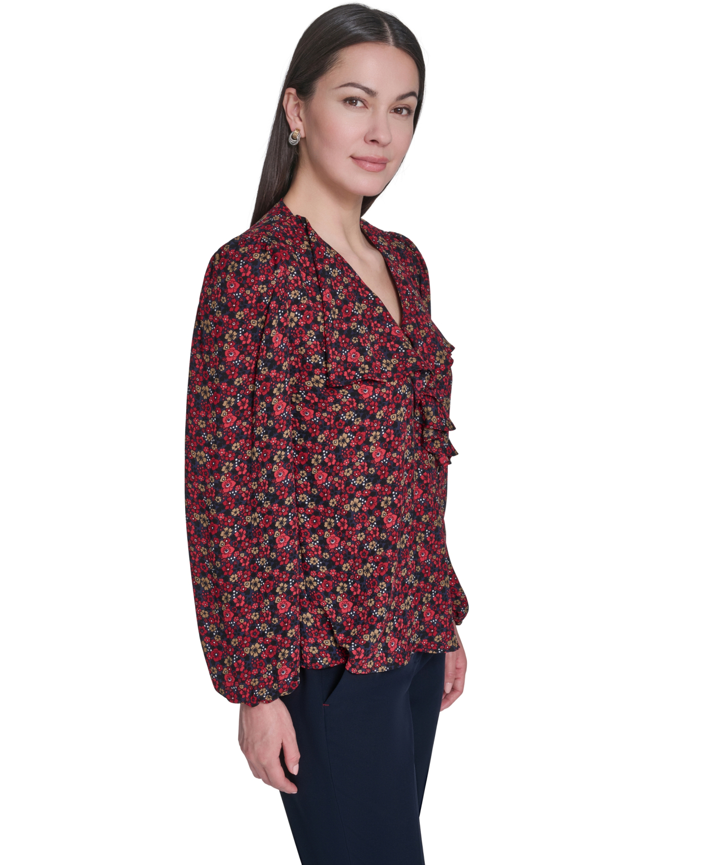 Tommy Hilfiger Women's V-Neck Ruffle Pull-On Blouse - Midnight/Charcoal