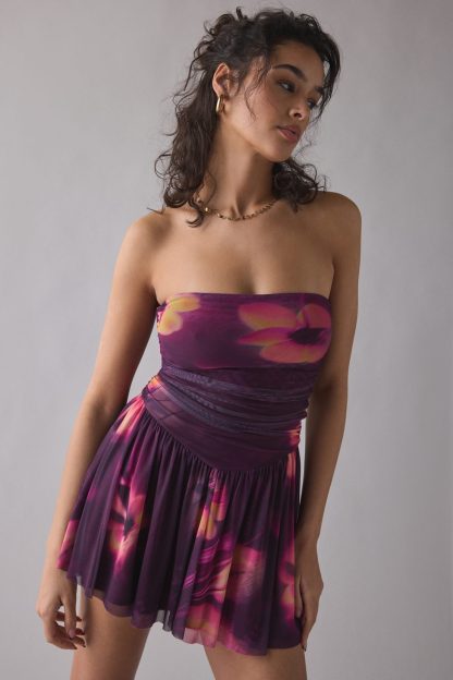 UO Modern Mesh Basque Waist Strapless Mini Dress - Purple Multi