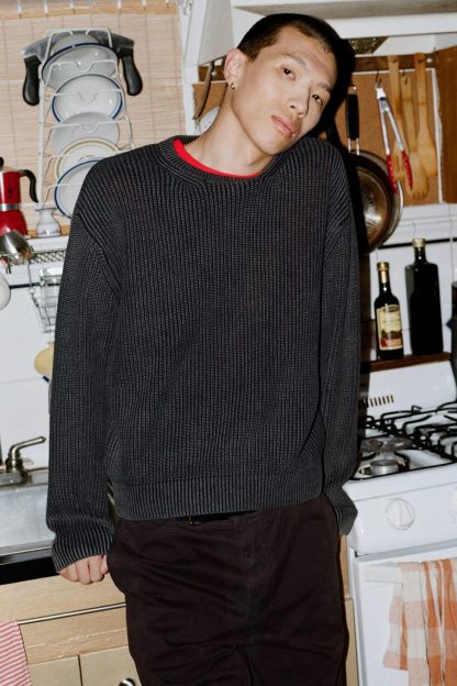 UO Acid Wash Crew Neck Sweater - Black