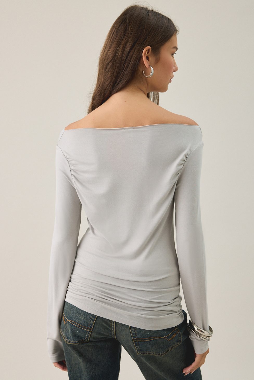 Gothic Angel Graphic Slash Neck Long Sleeve Tee - Silver