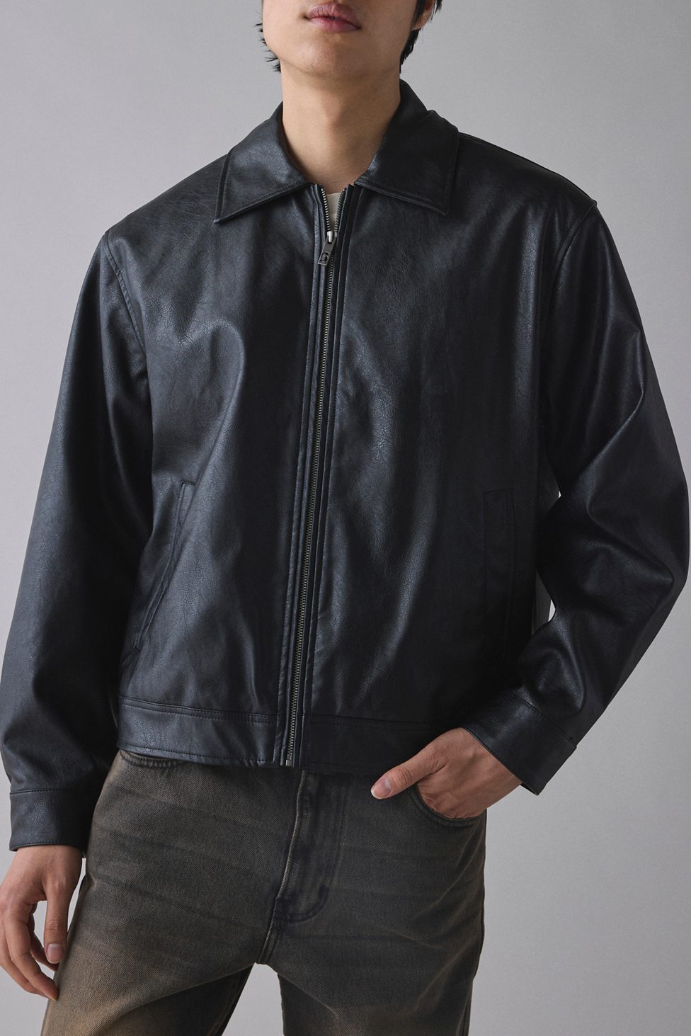 BDG Faux Leather Zip Jacket - Black