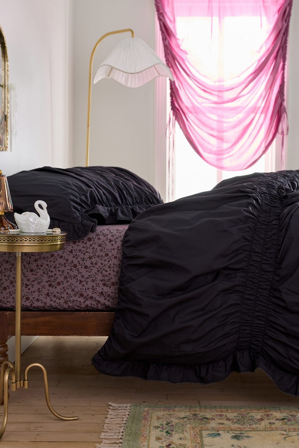Prairie Ruched Cotton Percale Duvet Cover - Charcoal