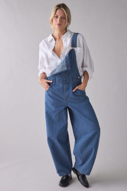 BDG Rih Pinstripe Extreme Barrel-Leg Overalls - Tinted Denim