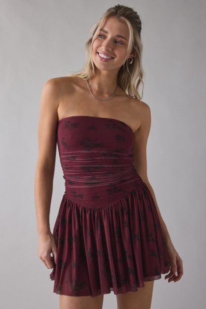 UO Modern Mesh Basque Waist Strapless Mini Dress - Burgundy Floral