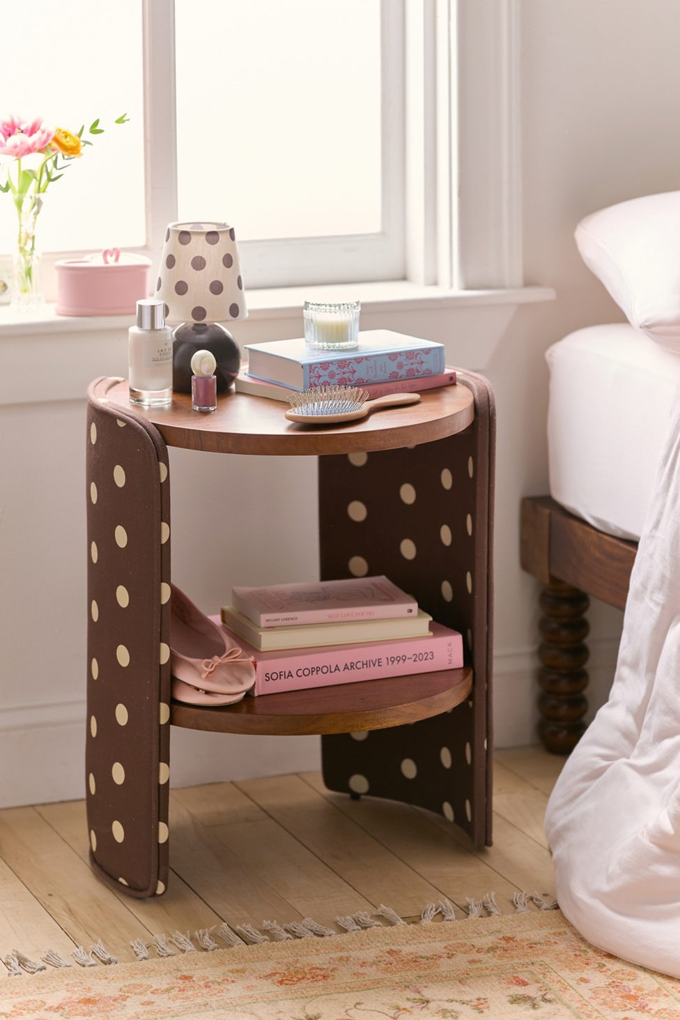 Jane Round Upholstered Storage Nightstand - Brown/Ivory Polka Dot