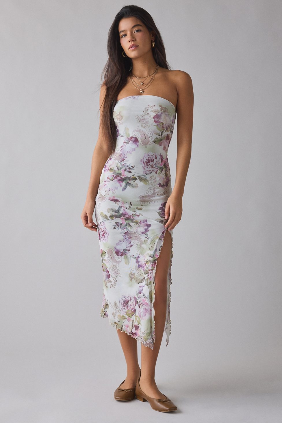 UO Samara Mesh Strapless Midi Dress - Beige Floral