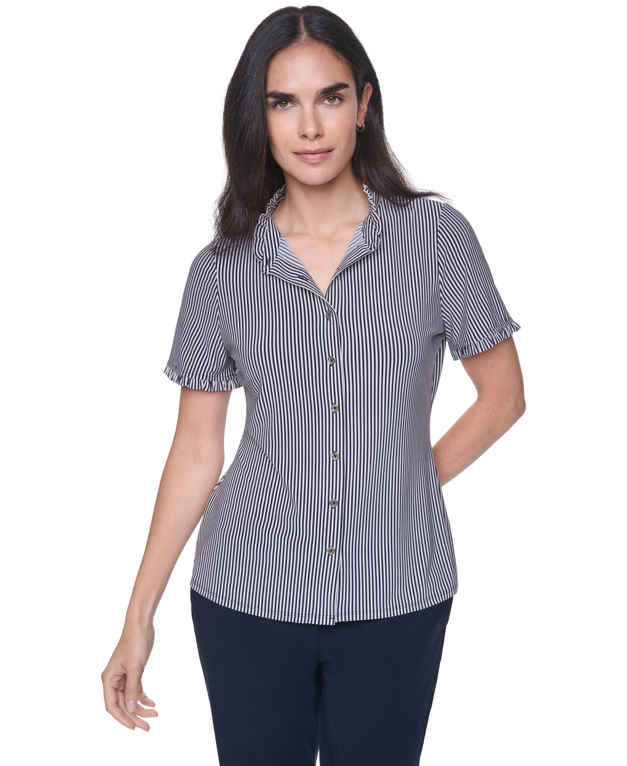 Tommy Hilfiger Women's Short-Sleeve Striped Ruffle Blouse - Midnight/Ivory