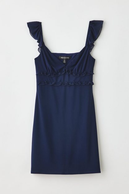 UO Nina Ruffle Trim Mesh Mini Dress - Navy