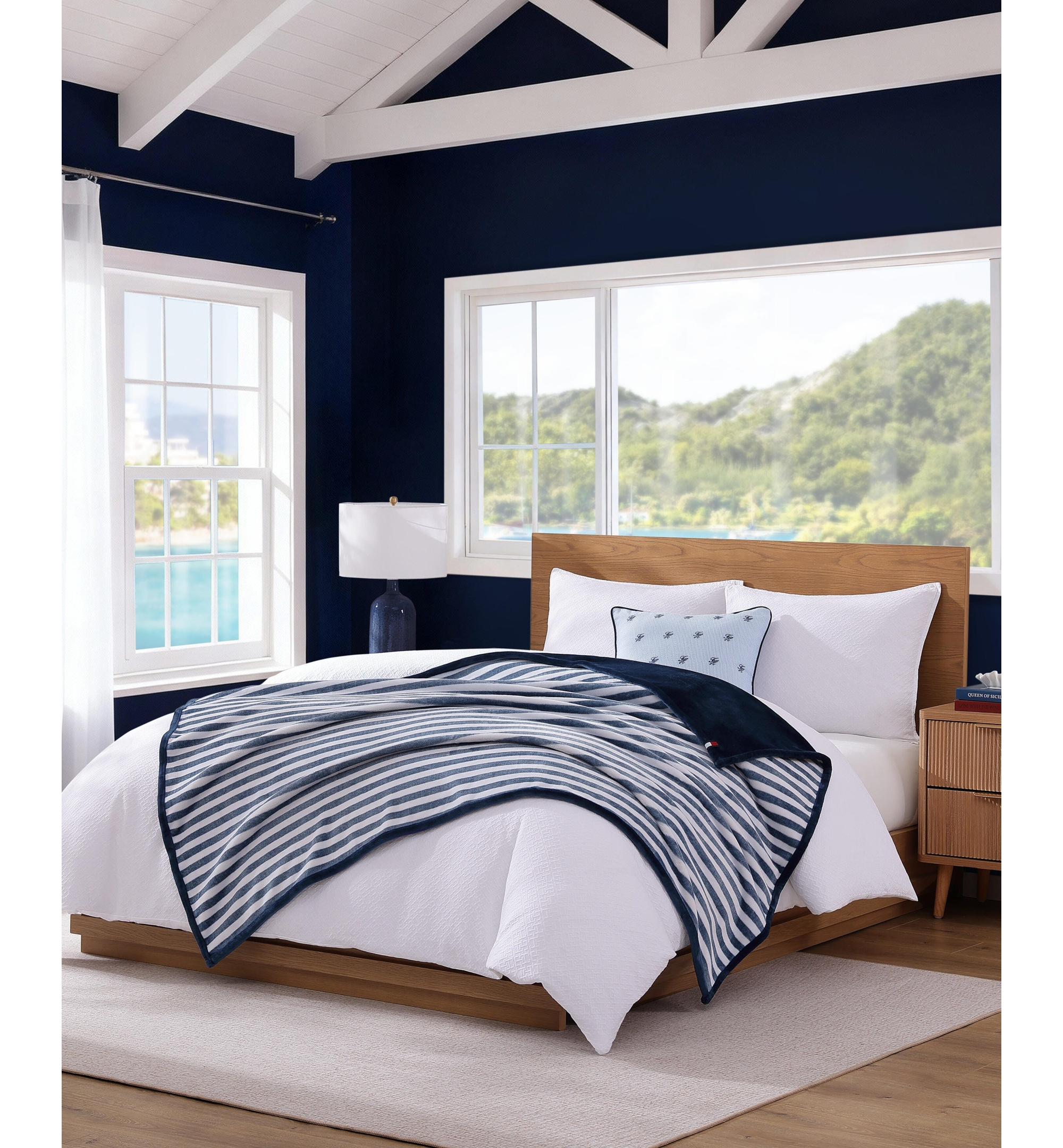 Tommy Hilfiger Laguna Beach Stripe Printed Plush Throw, 70" x 50" - White, Deep Blue