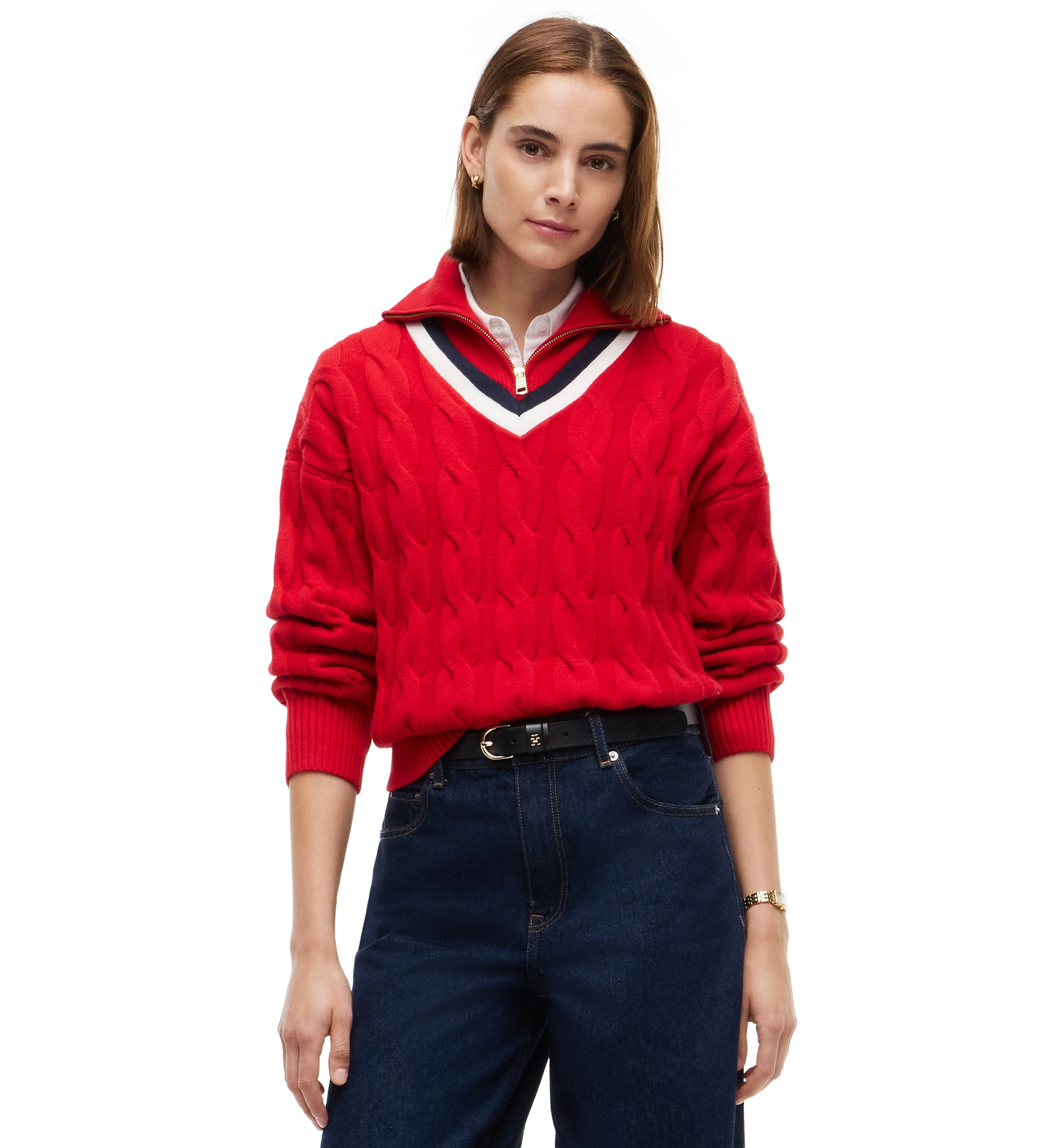 Tommy Hilfiger Women's Cable Half Zip Cricket Turtleneck Relaxed-Fit Sweater - Red