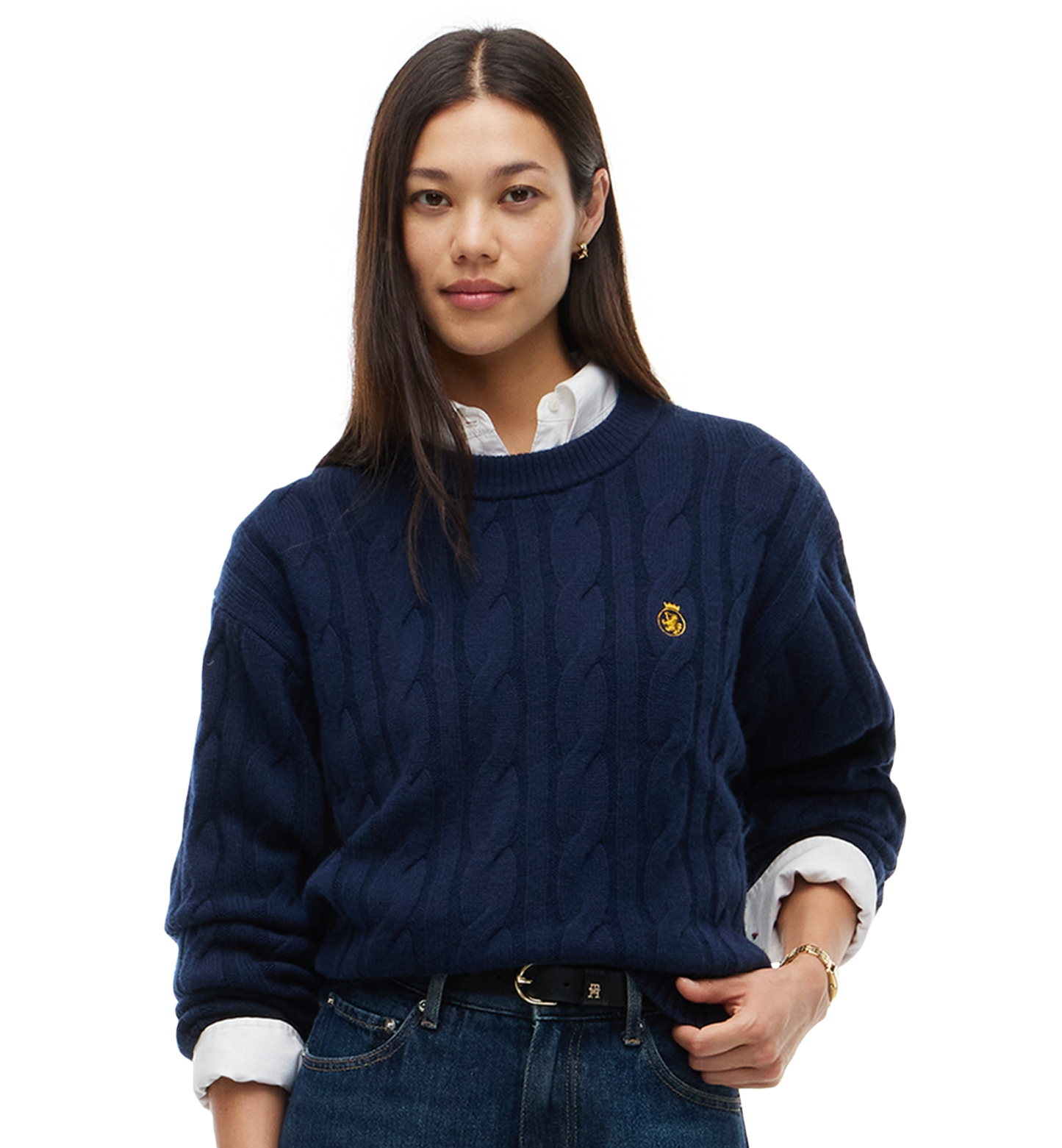 Tommy Hilfiger Women's American Icons 100% Wool Cable-Knit Crewneck Sweater, Macy's Exclusive - Dark Blue