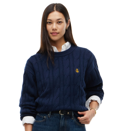 Tommy Hilfiger Women's American Icons 100% Wool Cable-Knit Crewneck Sweater, Macy's Exclusive - Dark Blue