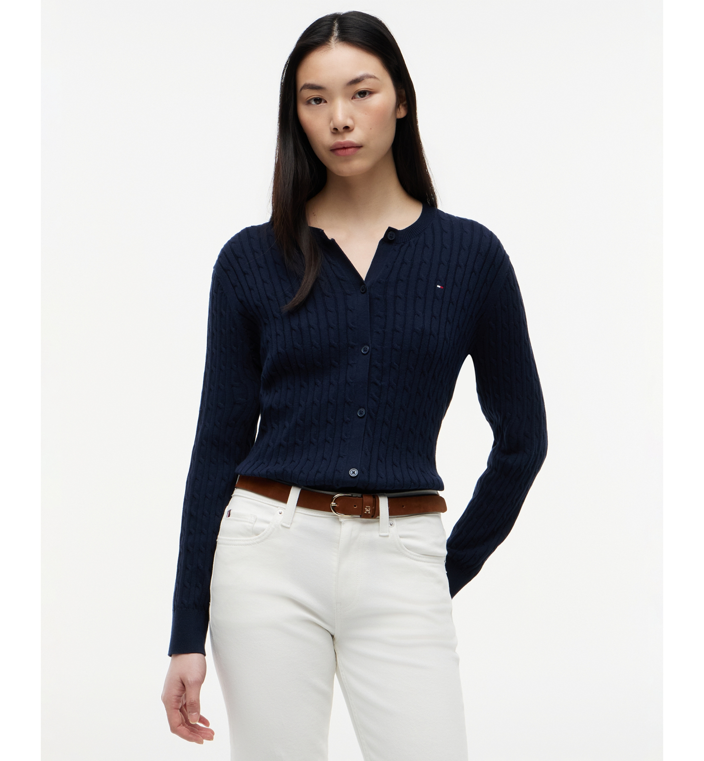 Tommy Hilfiger Women's Cable Knit Crew Neck Cardigan Sweater - Dark Night Navy